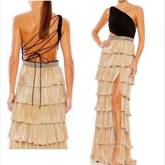 Mac Duggal NWT One-Shoulder Cutout Ruffle Tiered Gown Black/Gold Size 8 - Picture 1 of 13